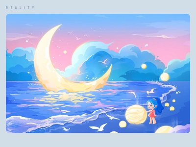 Reality design dream girl illustration moon sea 插图 设计