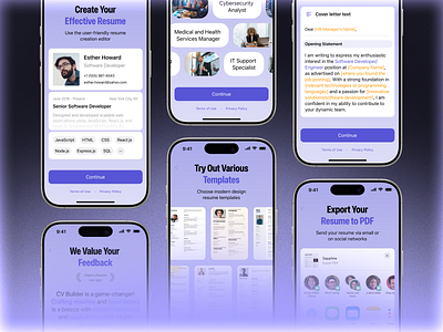 Onboarding for Resume & CV Builder App app app store builder cover letter cv design interface ios iphone mobile modern onboarding paywall presentation resume templates ui ux