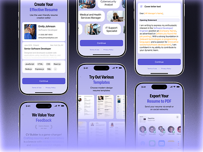 Onboarding for Resume & CV Builder App app app store builder cover letter cv design interface ios iphone mobile modern onboarding paywall presentation resume templates ui ux