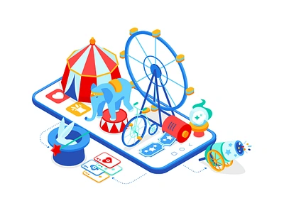 The Fair amusement app application fair illustration isometric mobile smartphone ticket