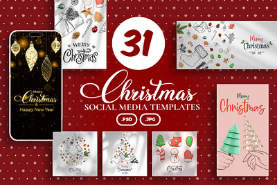 Christmas raster social media templates christmas design graphic hand drawn illustration line art post raster social media story template templates