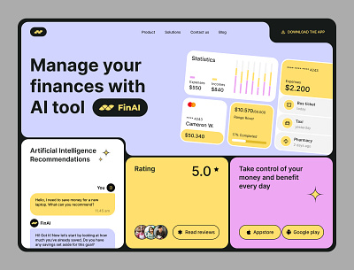 FinAI - Smart AI Financial Management android branding bright design call to action design finances fintech graphic design hero ios landing page mobile app mobile app website money pink ui ux widgets yellow