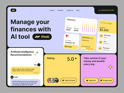 FinAI - Smart AI Financial Management android branding bright design call to action design finances fintech graphic design hero ios landing page mobile app mobile app website money pink ui ux widgets yellow