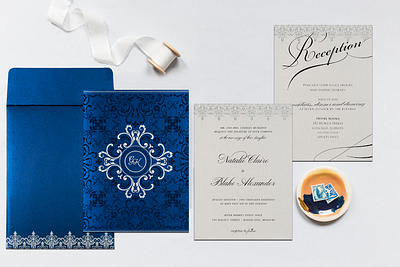 Cobalt Blue Shimmery Screen Printed Wedding Card screen printing wedding card