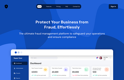 Fraud Management Platform Hero UI admin dashboard b2b saas blue gradient business security compliance software dashboard design dashboard ui data analytics fraud management fraud prevention hero section modern design risk management saas platform ui design user dashboard user interface ux design web application web security