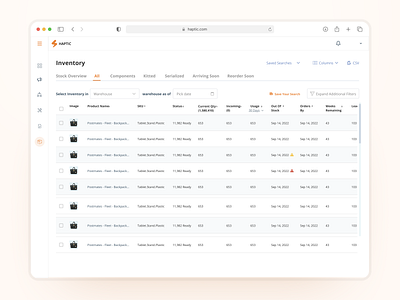 Warehouse Inventory list table clean complex table filters inventory inventory item inventory list inventory stock list list ui product design saas saas table stock supply chain table table filters table ui ui warehouse