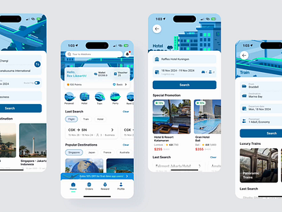 Travel App Design with Custom Illustrations airplane blue booking hotel ticket train travel travelapp ui design ux design