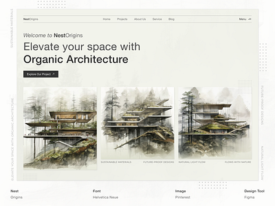 NestOrigins Website Landing Page Exploration 🌿 architecture architecture design building eco friendly exterior design forest homepage house landing page minimalist real estate real estate agency ui ux uidesign userinterface visualdesign web design