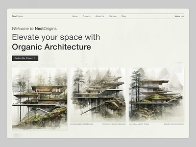 NestOrigins Website Landing Page Exploration 🌿 architecture architecture design building eco friendly exterior design forest homepage house landing page minimalist real estate real estate agency ui ux uidesign userinterface visualdesign web design