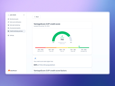 NordProtect credit monitoring services bento bentogrid button card chart creditscore cybersecurity dashboard detail element highlight minimal popup scale sidebar ui