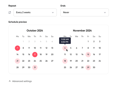 Event settings calendar contrast dates design event event management planning product recurring repeat repeat pattern schedule schedule preview settings time tooltip ui ux webinar