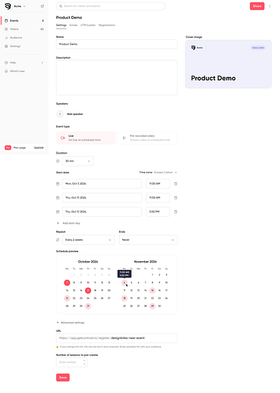 Event settings calendar contrast dates design event event management planning product recurring repeat repeat pattern schedule schedule preview settings time tooltip ui ux webinar