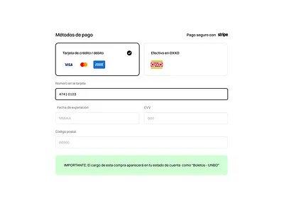 Unbo — Stripe component american express card cvc master card metodo de pago oxxo pagar pago pay payment payment method stripe unbo visa