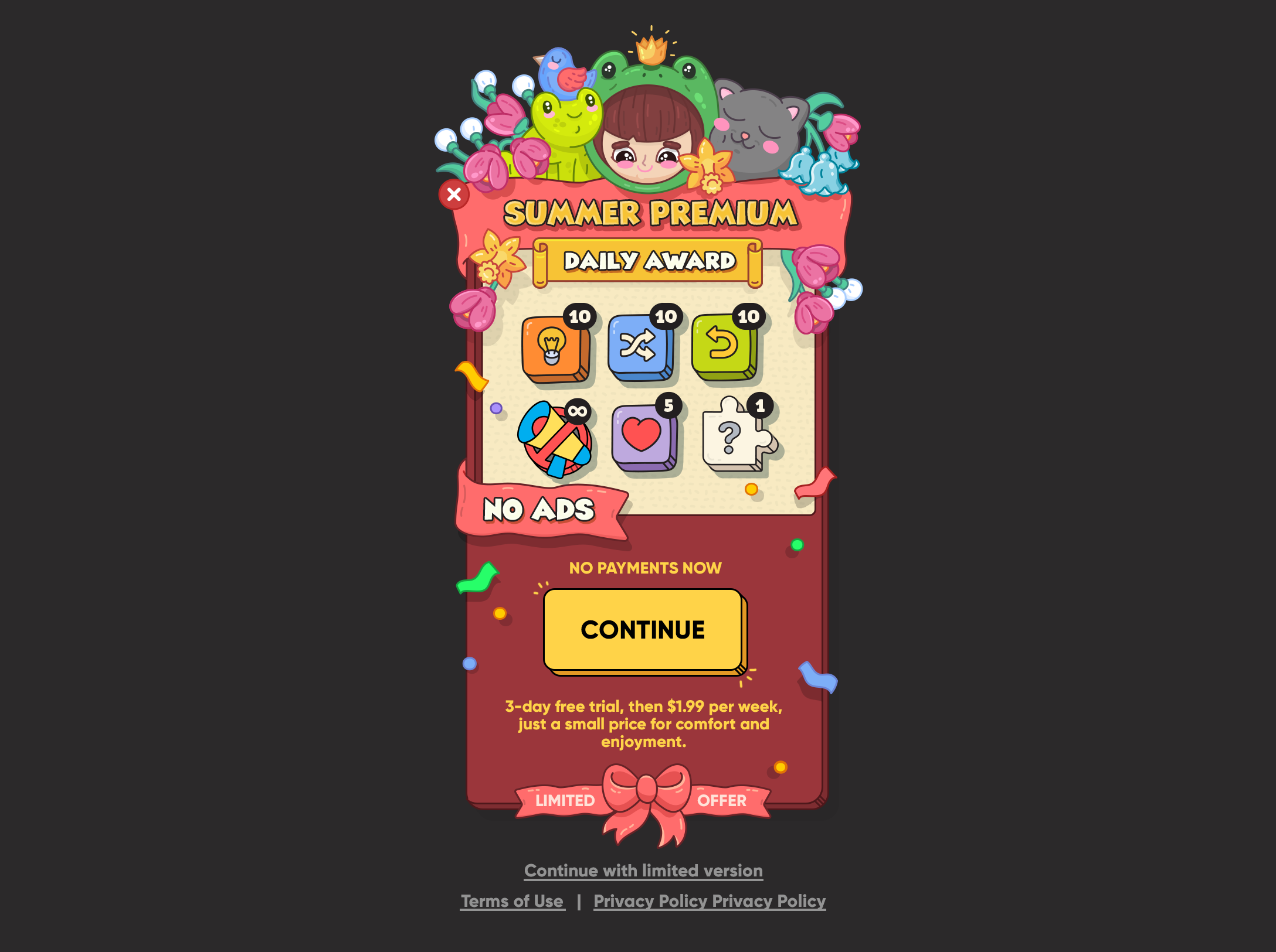 3Tiles, Subscription Popup, Premium Offer, UI, Illustration coloring book line art line icon no ads subscription