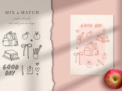 Back to school card design back to school bow card cartoon coquette creative market cute design elements hand drawn illustration pink vintage