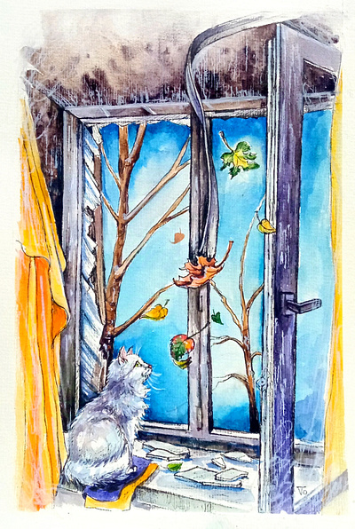 Autumn Through a Broken Window – War in Ukraine art cat hand painted handmade paint painting ukraine war