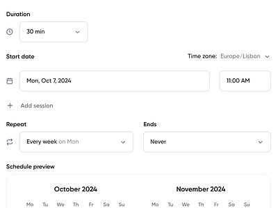 Recurring event settings calendar contrast dropdown event form input live product recurring repeat schedule scheduling settings stream ui ux web webinar weekly