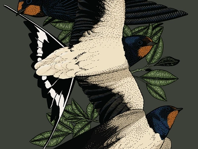 Ben's Barn Swallows Tattoo barn barn swallow bird birds botanical feather feathers fly flying leaves linocut swallow swallows tattoo wildlife