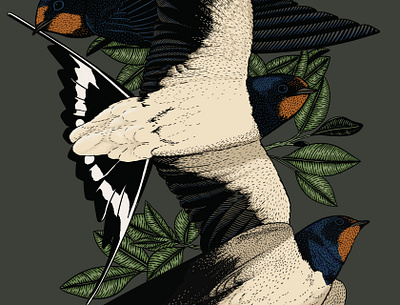 Ben's Barn Swallows Tattoo barn barn swallow bird birds botanical feather feathers fly flying leaves linocut swallow swallows tattoo wildlife