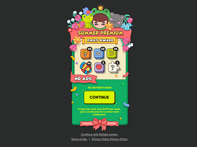 Premium Subscription bird cartoon style cat characters color book coloring book flowers frog game ui line loine icons matching game mobile game ui subscription summer tiles