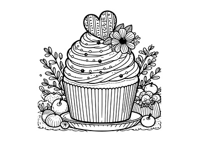 black-and-white illustration of a cupcake 3d animation branding graphic design logo