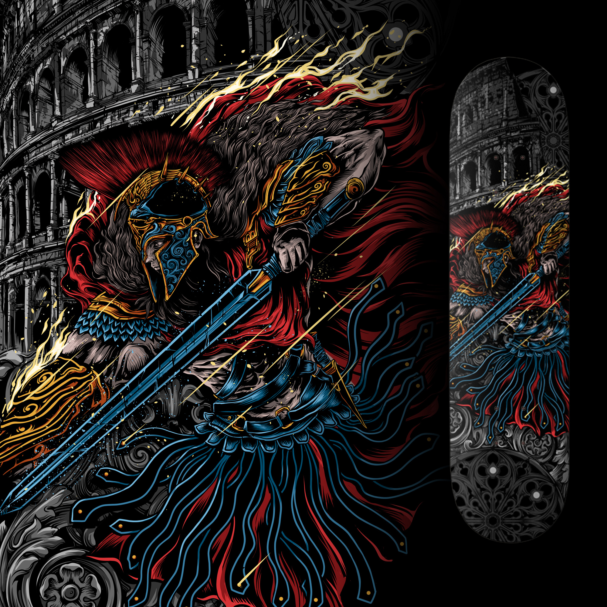 Octoarms.inc Skateboard Series badge logo brand identity branding colorfull dertails design graphic design icon illustration logo roma roman skate skateboard skateboarddesign sword ui vector