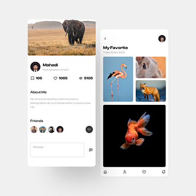 Elegant Photographer Profile and Favorites UI" designinspiration minimalistui mobileappdesign photographyapp ui uidesign