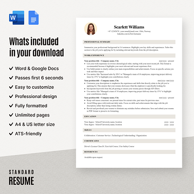 Standard Resume 1 column 1 column download etsy files google docs resume standard standard resume word