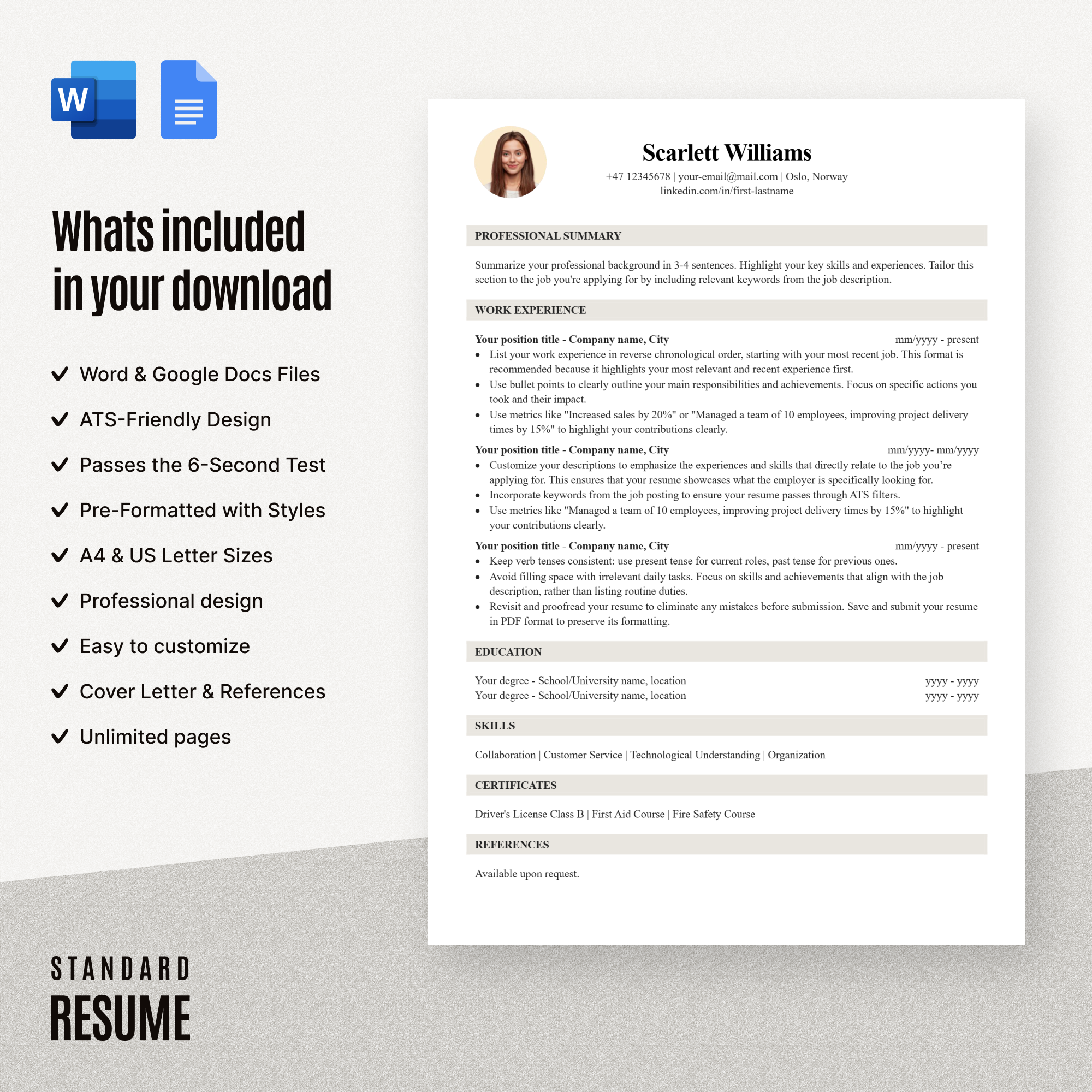 ATS-Friendly Resume Template for All Professionals 1 column download etsy files google docs resume standard standard resume word