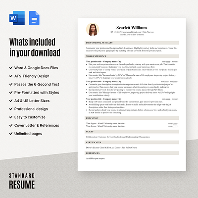 ATS-Friendly Resume Template for All Professionals 1 column download etsy files google docs resume standard standard resume word