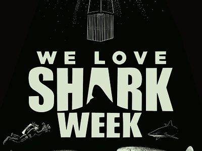 We Love Shark Week 2024, (4/4) cage diver diving engraving illustration laser ocean reef sea shark shark week stippling surf surfboard underwater week