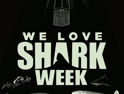 We Love Shark Week 2024, (4/4) cage diver diving engraving illustration laser ocean reef sea shark shark week stippling surf surfboard underwater week