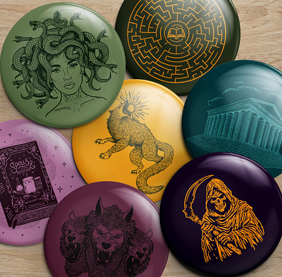 Buttons For Library Book Clubs, 2024 book buttons cerberus club fenrir greek grim illustration labyrinth library magic maze medusa mythology potions reaper spells temple witch witchy