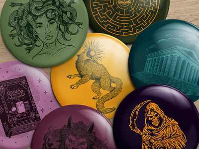 Buttons For Library Book Clubs, 2024 book buttons cerberus club fenrir greek grim illustration labyrinth library magic maze medusa mythology potions reaper spells temple witch witchy