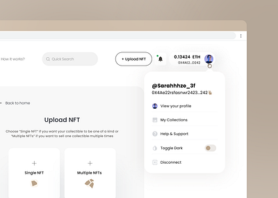 NFT Upload Page with Profile Management and Unique Theme app crypto design minimal nft profile profile management saas ui ux web3