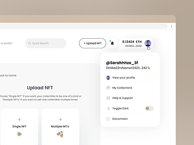 NFT Upload Page with Profile Management and Unique Theme app crypto design minimal nft profile profile management saas ui ux web3