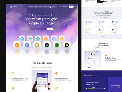 Kleepto - Crypto & Stock Landing Page bitcoin buy coin crypto earning ethereum finance fintech landing page market sell stock swap trade transaction transfer uiux wallet web web app