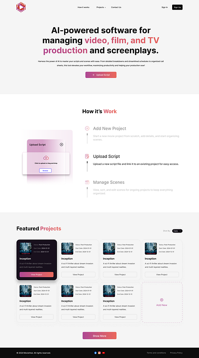 AI-powered software for managing video, film, and TV branding landing page ui