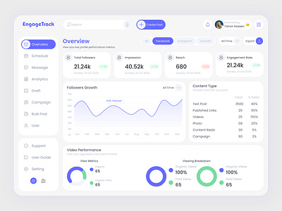 Social Media Management Dashboard Design analyticsui branding cleandesign creativedashboard dashboardu designshowcase dribbbleshot figma figmadesign minimaldesign modernui product design saas socialmediaanalytics ui uiux design userinterface uxdesign uxdesigncommunity webdesigntrends