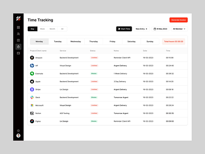 Spacebook - Time Tracking Dashboard Screen animated ui animation businees dashboard business intelligence productivity tool project planning and scheduling saas dashboard saas dashboard design saas design team invoicing team management time tracking user managemen uxui design web app design work management