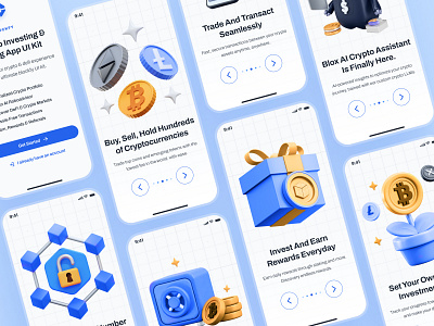 blockfy: AI Crypto Investing & Trading App - Welcome Screen UIUX 3d ai crypto assistant blockchain app blue clean crypto exchange app crypto investing app crypto trading app crypto trend ui crypto ui kit crypto wallet app figma ui kit finance app finance ui kit gradient minimal modern soft web3 mobile app welcome screen