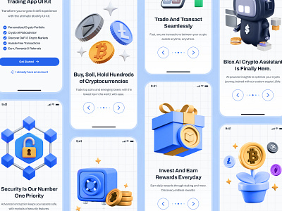 blockfy: AI Crypto Investing & Trading App - Welcome Screen UIUX 3d ai crypto assistant blockchain app blue clean crypto exchange app crypto investing app crypto trading app crypto trend ui crypto ui kit crypto wallet app figma ui kit finance app finance ui kit minimal modern soft web3 mobile app welcome screen welcome ui