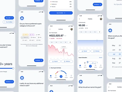 blockfy: AI Crypto Investing App - Portfolio Onboarding UIUX ai crypto assistant blockchain app blue clean crypto exchange app crypto investing app crypto portfolio crypto trading app crypto trend ui crypto ui crypto ui kit crypto wallet app defi mobile app figma ui kit finance app finance ui kit minimal modern soft web3 mobile app