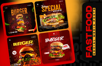 FAST FOOD SOCIAL MEDIA POSTS AND STORIES TEMPLATE burger creative design fast food food food posts insta instagram junk food media posts posts template social media social media design social media post social posts special offer stories stories template template