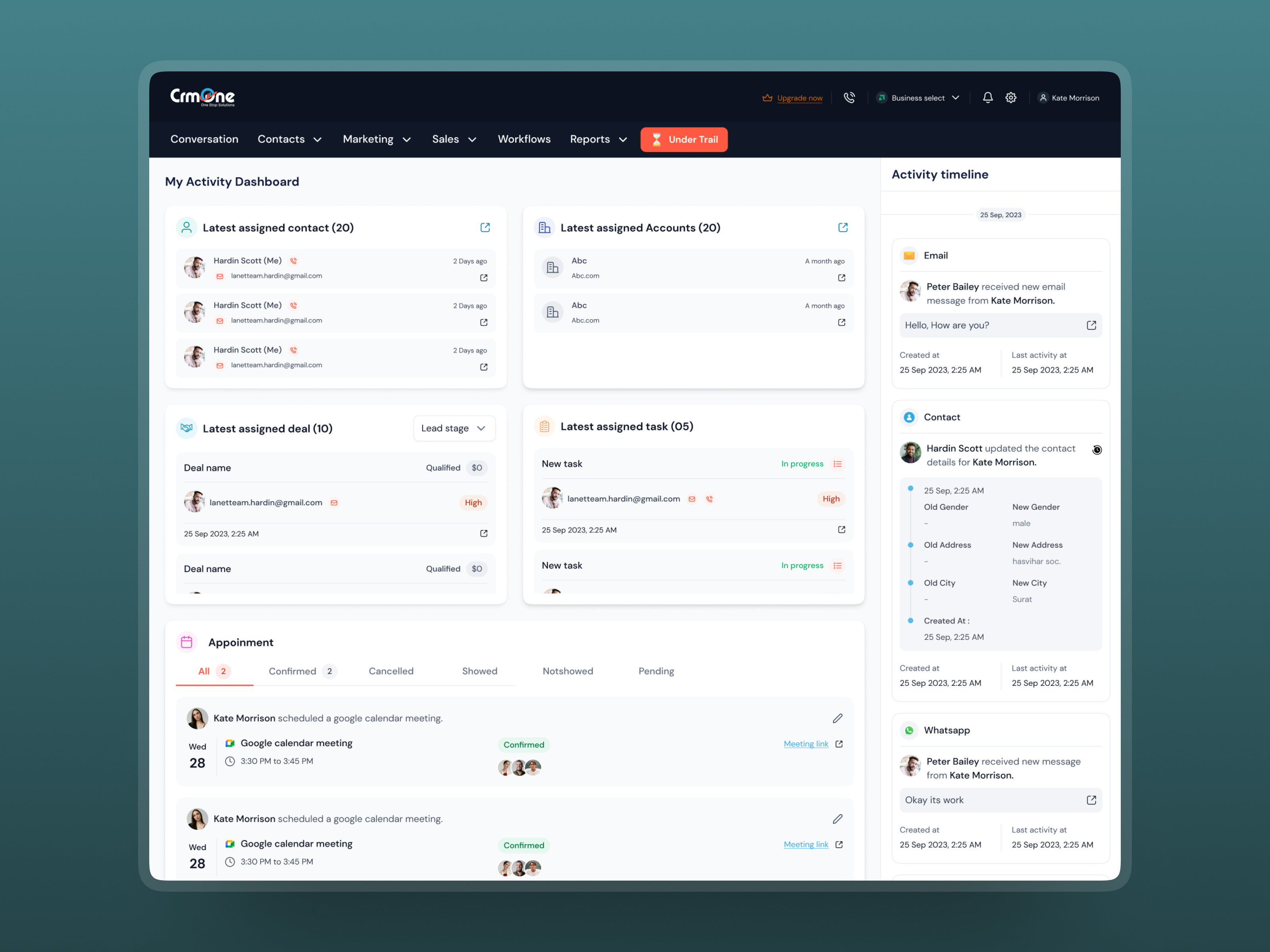 CRMone: All-in-One Activity Dashboard activitytimeline clean crm crm product crmdesign crmone customermanagement dashboard dashboarddesign figma minimal uidesign uiux uxdesign webapp