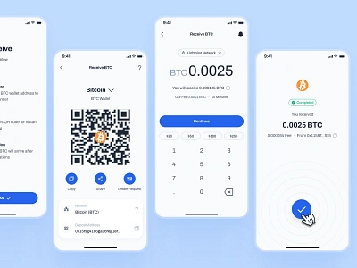 blockfy: AI Crypto Investing App - Receive BTC Transaction UIUX ai crypto assistant blockchain app blue clean crypto investing app crypto roboadvisor crypto trading app crypto ui kit crypto wallet app figma ui kit finance app finance ui kit minimal modern numpad ui qr code ui receive ui soft transaction ui web3 mobile app