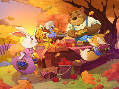 Thanksgiving Harvest Gathering! animal art autumn book cartoon character design childrens book colorful cute digital art disney drawing farmer illustration kidlit kids picturebook storybook thanksgiving whimsical