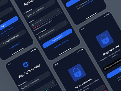 blockfy: AI Crypto Investing & Trading App - Sign In/Sign Up UI ai crypto assistant blockchain app blue clean crypto investing app crypto trading app crypto trend ui crypto ui kit crypto wallet app dark mode figma ui kit finance app finance ui kit minimal modern register sign in sign up soft web3 mobile app