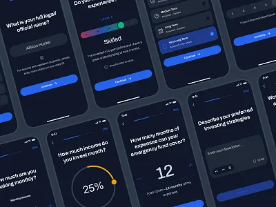 blockfy: AI Crypto Investing & Trading App - User Onboarding UI ai crypto assistant assessment ui blockchain app blue clean crypto investing app crypto trading app crypto trend ui crypto ui kit crypto wallet app dark mode figma ui kit finance app finance ui kit financial assessment minimal modern onboarding ui soft web3 mobile app