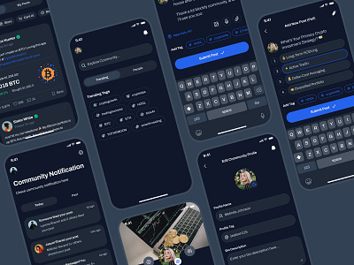 blockfy: AI Crypto Investing & Trading App - Community Post UI ai crypto assistant blockchain app blue clean community ui crypto community crypto investing app crypto social media crypto trading app crypto trend ui crypto ui kit crypto wallet app dark mode figma ui kit finance app finance ui kit minimal modern soft web3 mobile app